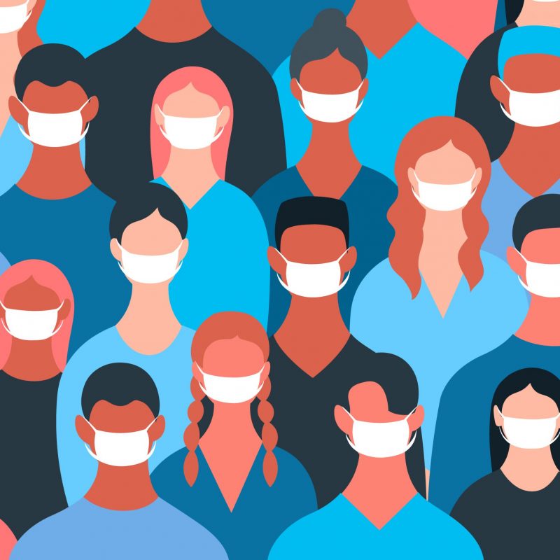 Infection, smog, air pollution in south korea, wuhan coronavirus COVID-2019 concept. Colorful asians people wearing face medical masks, respirators. Modern flat style. Vector illustration.