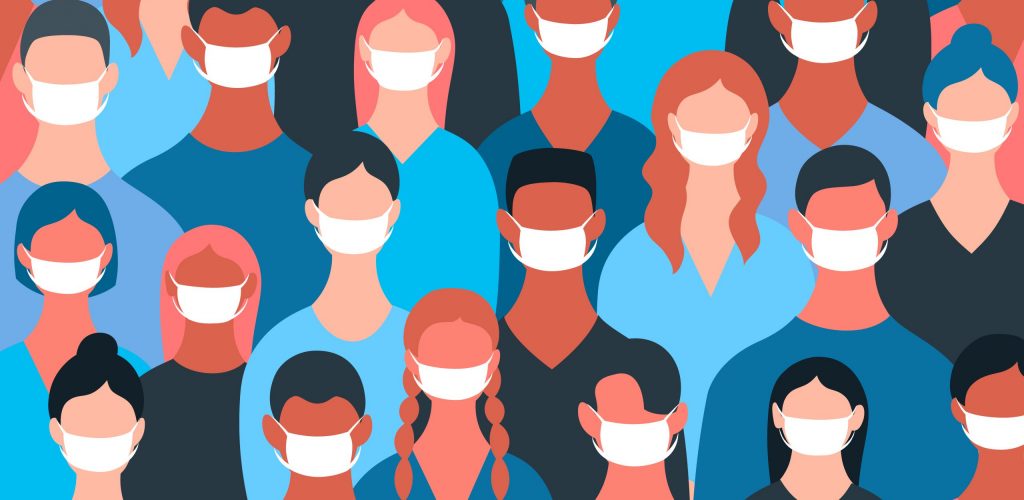 Infection, smog, air pollution in south korea, wuhan coronavirus COVID-2019 concept. Colorful asians people wearing face medical masks, respirators. Modern flat style. Vector illustration.