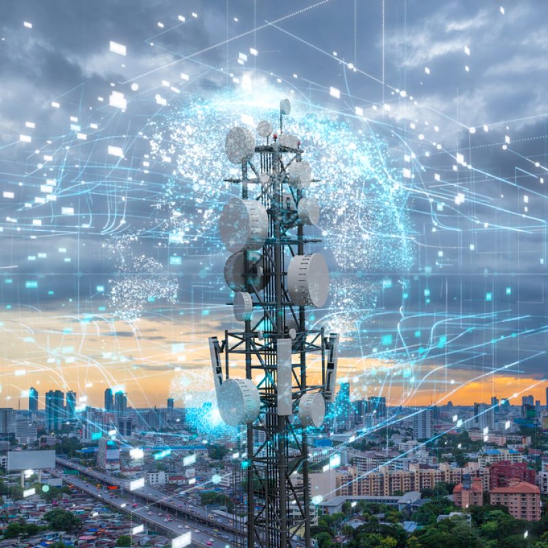 Telecommunication,Tower,With,5g,Cellular,Network,Antenna,On,City,Background,