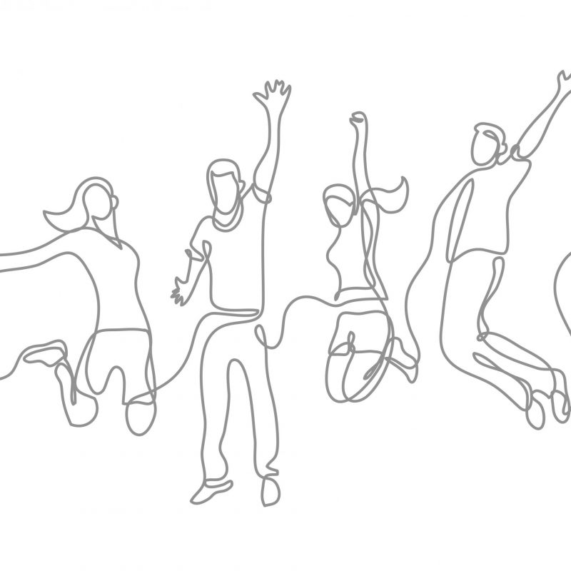 continuous line drawing of four jumping happy team members